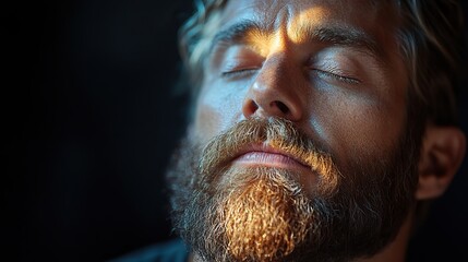 handsome bearded man with closed eyes praying in dark room