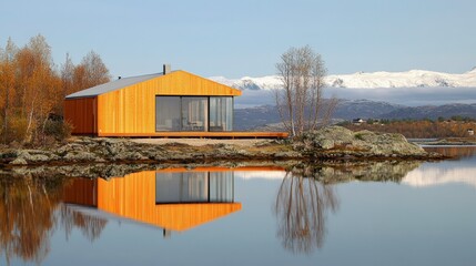 Obraz premium Serene Wooden Cabin by a Reflective Lake