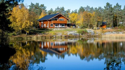 Obraz premium Serene Wooden Cabin by Reflective Lake Surface