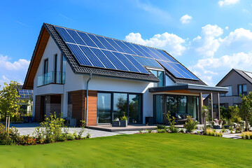 Naklejka premium A solar-equipped modern house in the suburbs exemplifies the integration of renewable energy with stylish design.