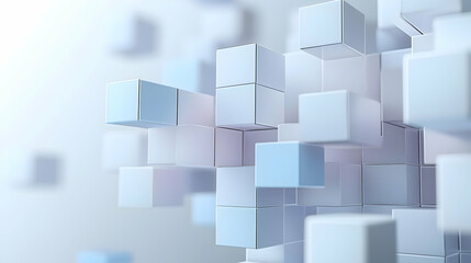 Abstract 3D Render of Interconnected White and Light Blue Cubes in a Bright and Clean Digital Space
