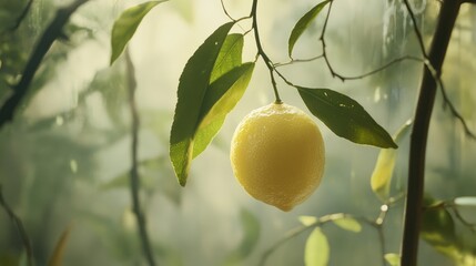 Ripe lemon hanging from branch, orchard sunlight, misty background, food and drink advertising