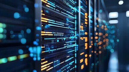 Dark Data Center With Glowing Blue and Orange Server Racks in a Modern Technological Environment