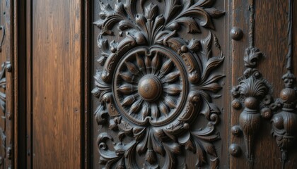 Intricate Wooden Door Carving with Floral and Geometric Patterns