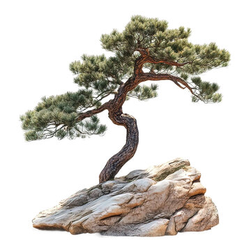 Tall tree is growing on a rocky hill on transparent background