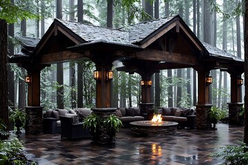 Obraz premium Forest Pavilion Fire Pit Relaxation.