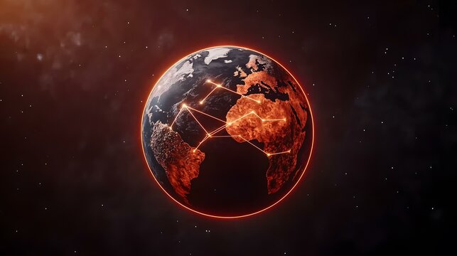 The image shows a stylized Earth, rendered in dark orange and black tones, set against a dark space background speckled with faint white stars.  A glowing orange ring encircles the planet, and severa