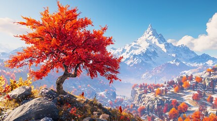 Vibrant Red Tree on Rocky Hilltop Autumn Landscape with Snowy Mountain