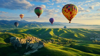 Fototapeta premium Breathtaking Hot Air Balloons Soaring Over Lush Green Rolling Hills at Sunrise