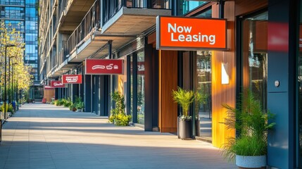 Contemporary urban commercial spaces featuring 'Now Leasing' signage along a sidewalk