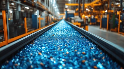 Vibrant blue glass pieces on a conveyor belt in a bustling industrial facility, showcasing production