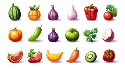 Colorful fruit and vegetable icons,  food illustration, white background, healthy eating