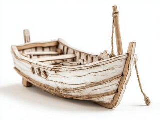 Obraz premium Weathered White Wooden Rowboat Model on White Background