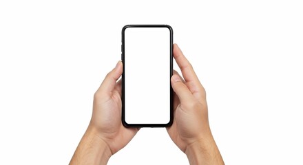 Hand holding a smartphone isolated on white background. Transparent mobile screen mockup.

