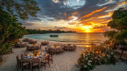 Fototapeta premium Beachfront sunset wedding reception dinner tables