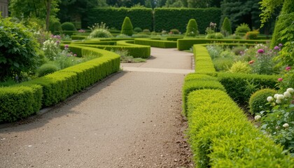 Lush Landscaped Garden Path with Neatly Trimmed Hedges and Flowers