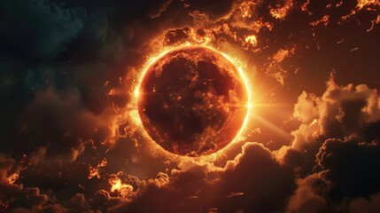 Eclipsed majesty illuminating the sky during totality phase amidst swirling clouds