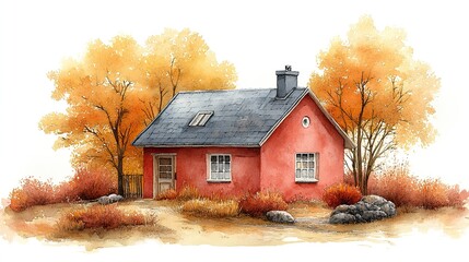 quirky autumn house clipart watercolor art illustration detailed illustration