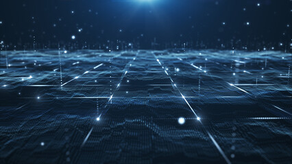 Abstract digital data landscape with glowing particles and dynamic lines on a dark background.