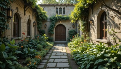Serene Garden Pathway with Lush Greenery and Beautiful Architecture
