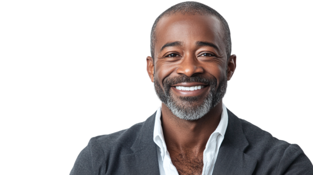 Portrait of a man smiling happily, isolated on transparent background.