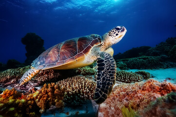 Obraz premium Eine Wasserschildkröte schwimmt durch das Wasser