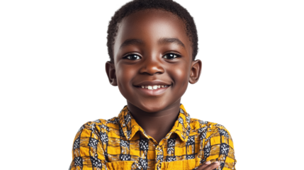 Portrait of a smiling african kid, standing arms crossed, isolated on transparent background.