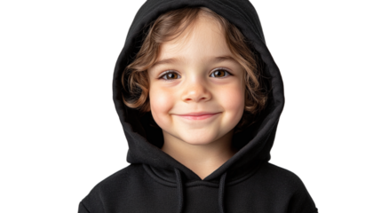 Portrait of a smiling child wearing black hoodie, concept of style and fashion studio shot, isolated on transparent background.