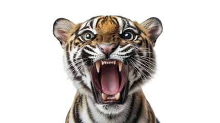 Portrait of a tiger with angry face and open the mouth, isolated on transparent background.