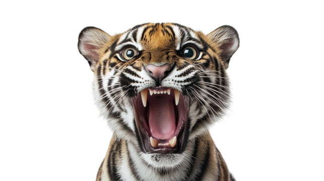 Portrait of a tiger with angry face and open the mouth, isolated on transparent background.