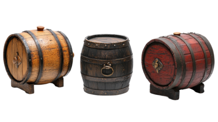 Set of old wooden barrels isolated on transparent background.