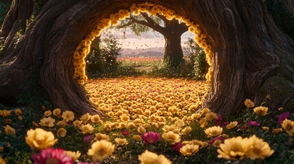 Obraz premium Golden Flower Field Through a Tree Portal
