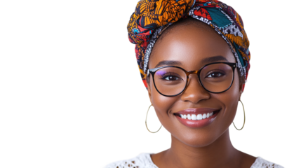 Smiling african-american woman wearing eyeglasses and head wraps, isolated on transparent background.