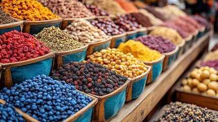 selection of spices and dried fruits displayed at a local bazaar