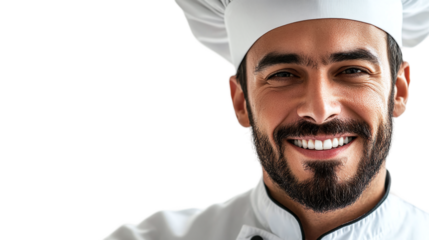 Smiling male chef close up face, isolated on transparent background.