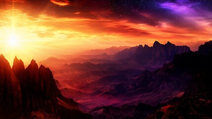 Vibrant Sunset over Rugged Mountainscape with Starry Night Sky