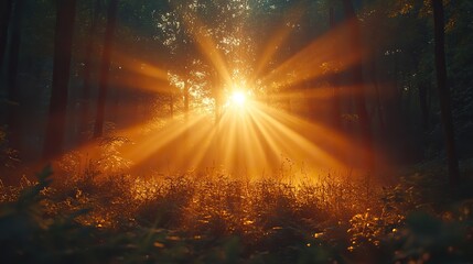 sunset in the forest with sunbeams and lens flares