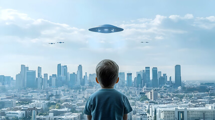 A Child with Short Brown Hair Wearing A Teal T-Shirt Observes UFOs Above A Modern Cityscape Under A Cloudy Blue Sky During Daytime
