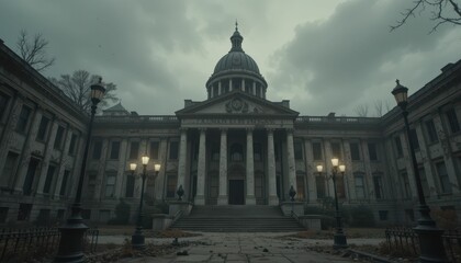 Abandoned Historic Building Surrounded by Dark Stormy Skies