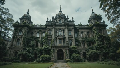 Obraz premium Abandoned Mansion Surrounded by Overgrown Vegetation and Trees
