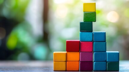 a stack of colorful wooden blocks arranged in a pyramid shape with blurred background. This image symbolizes concepts like growth, progress, and building