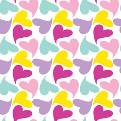 Colorful overlapping hearts in pastel pink, teal, yellow, and purple on white. Bright playful seamless pattern perfect for kids’ products, stationery, and fun designs.