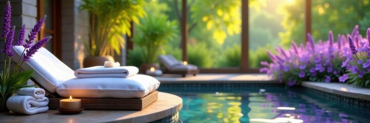Lavender blooms, tranquil outdoor spa setting, plants, purple flowers, picturesque