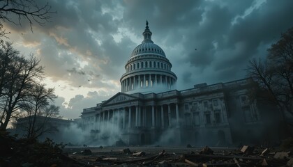 Dramatic View of Capitol Building Surrounded by Dark Fumes and Clouds