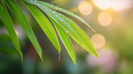 Vibrant bamboo leaf with dewdrops, soft sunlight, blurred flowers, embodying summer's refreshing simplicity.