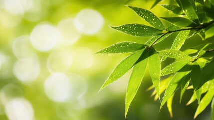 Vibrant bamboo leaf with dewdrops, soft sunlight, blurred flowers, embodying summer's refreshing simplicity.