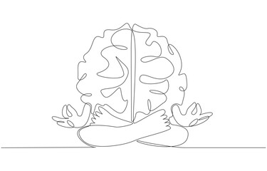 Continuous one line drawing of brain character meditating, mental health development concept, single line art