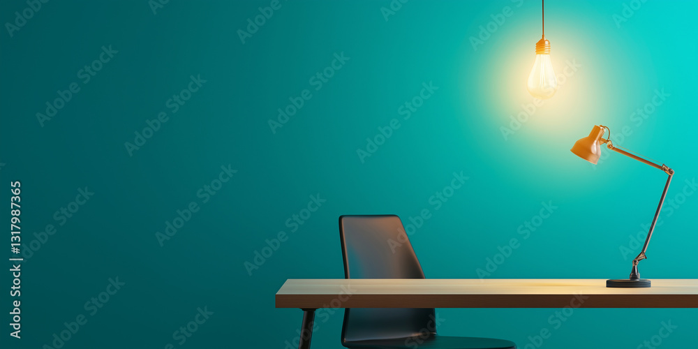 Poster clean modern workspace with single glowing light bulb and sleek desk lamp