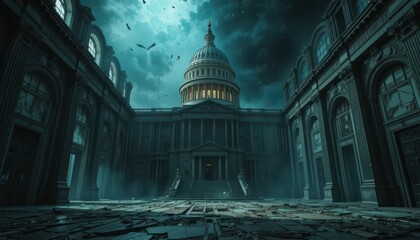 Abandoned Grand Hall with Dome Under Dark Stormy Skies