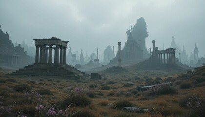 Fototapeta premium Mysterious Ancient Ruins in Foggy Landscape with Overgrown Vegetation